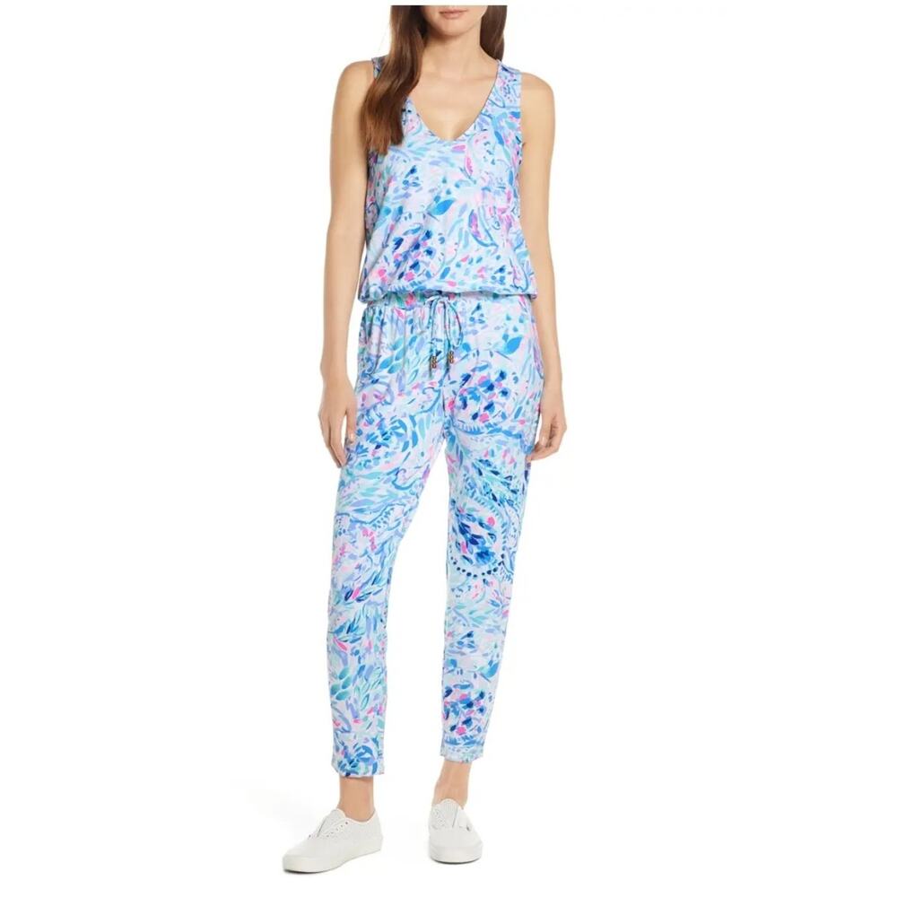 Lilly Pulitzer Paulina Pink Blue Floral Jumpsuit Medium